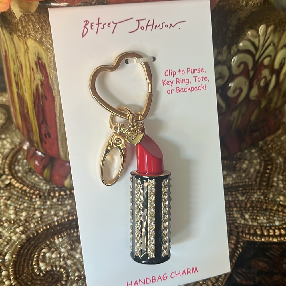 Betsey Johnson Red Lipstick With Rhinestone Design Heart Keyring Handbag Charm